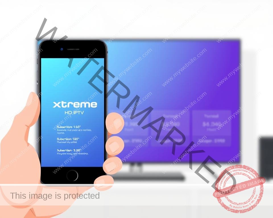 A minimalist and contemporary illustration depicting the Xtreme HD UK IPTV subscription process. In the foreground, a hand holding a smartphone or tablet, the screen displaying the Xtreme HD logo and subscription options. In the middle ground, a clean and uncluttered layout showcasing the different subscription tiers and pricing. The background features a soft, blurred gradient in cool tones, conveying a sense of professionalism and digital simplicity. Lighting is soft and diffused, creating a clean and inviting atmosphere. The overall composition emphasizes a streamlined, user-friendly subscription experience.