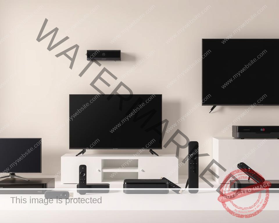 A minimalist, well-lit product shot showcasing a variety of Xtreme HD IPTV compatible devices including smart TVs, set-top boxes, and streaming sticks. The devices are arranged in an aesthetically pleasing, symmetrical layout on a clean, neutral-colored background. The devices are depicted with a high level of detail, allowing the viewer to appreciate their sleek, modern designs. The lighting is soft and diffused, creating a sense of depth and highlighting the textures and materials of the devices. The overall composition and styling convey a sense of sophistication and technological prowess, aligning with the "ultimate TV experience" theme of the article.
