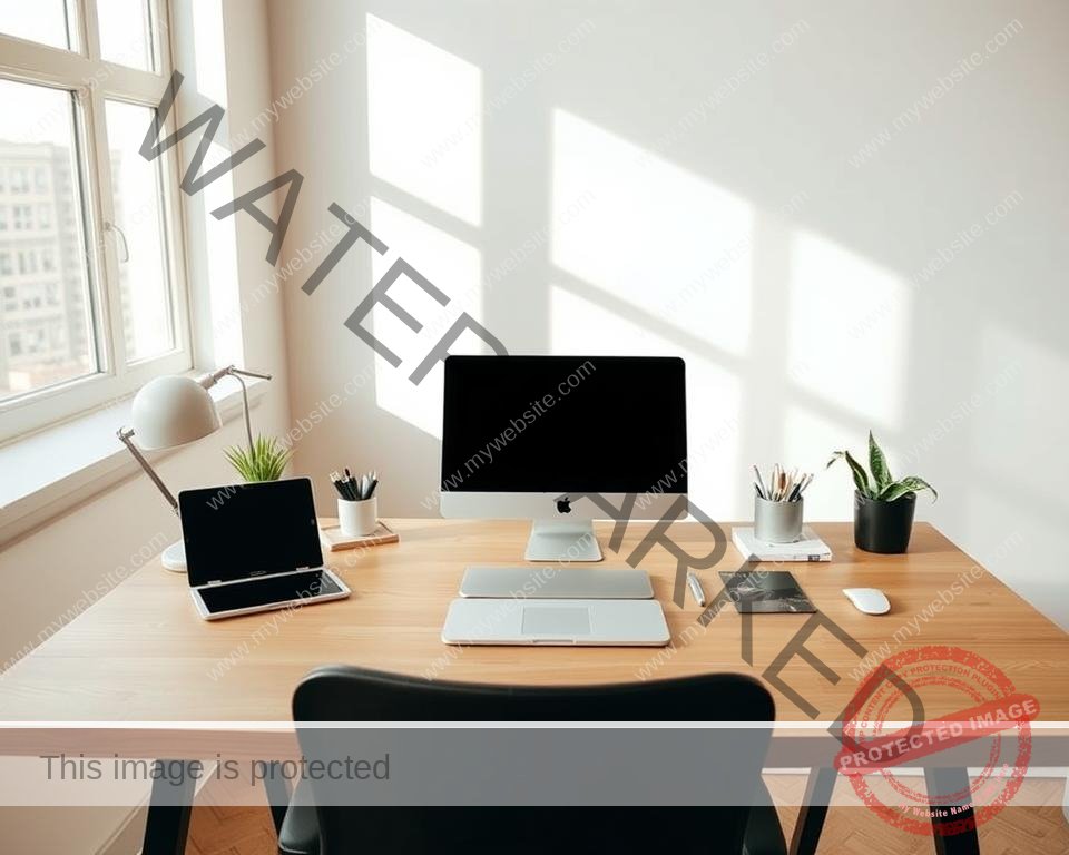 A minimalist workspace with a laptop, tablet, and various office supplies neatly arranged on a wooden desk. Soft natural lighting filters through large windows, casting a warm glow over the setup. The desk is positioned in the foreground, with a clean, uncluttered background that allows the focus to remain on the task at hand. The overall mood is one of productivity and efficiency, conveying the idea of a practical "setup guide" for getting started.