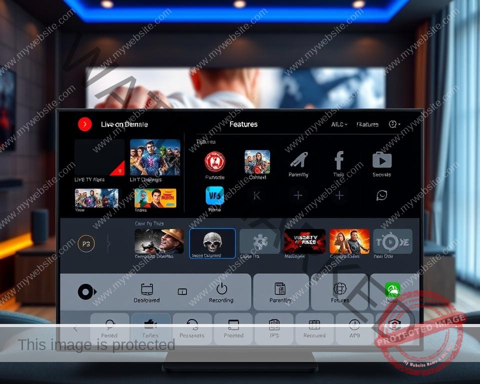 A modern IPTV control panel with a sleek and intuitive user interface, displaying a variety of advanced features. In the foreground, a central dashboard showcases live TV channels, video-on-demand content, and personalized recommendations. The middle ground features customizable widgets for easy access to features like parental controls, recording schedules, and app integrations. The background subtly depicts a cinematic home theater setting, with ambient lighting and high-quality visuals to create an immersive viewing experience. The overall composition conveys a sense of technological sophistication and seamless entertainment.