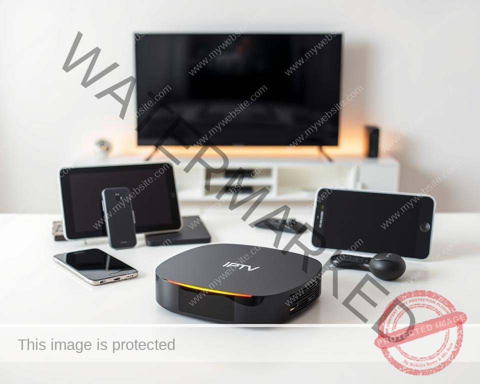 A modern and sleek IPTV device resting on a minimalist white surface, with various compatible devices like smartphones, tablets, and smart TVs arranged neatly around it. The device is illuminated by soft, directional lighting, creating a warm and inviting atmosphere. The composition emphasizes the versatility and seamless integration of the IPTV solution, showcasing its ability to work across a range of devices and provide a cohesive streaming experience. The background is a clean, neutral space, allowing the IPTV device and compatible gadgets to take center stage.