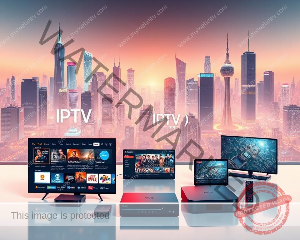A modern, futuristic illustration of an IPTV streaming service. In the foreground, a sleek and intuitive user interface showcases a variety of live TV channels, on-demand content, and personalized recommendations. The middle ground features a collection of streaming devices, including smart TVs, set-top boxes, and mobile devices, all seamlessly connected to the IPTV service. In the background, a cityscape with towering skyscrapers and a vibrant, neon-lit skyline creates a sense of technological innovation and urban sophistication. The lighting is soft and diffused, creating a warm and inviting atmosphere, while the camera angle suggests a birds-eye view, highlighting the comprehensive and expansive nature of the IPTV streaming experience. A modern, futuristic illustration of an IPTV streaming service. In the foreground, a sleek and intuitive user interface showcases a variety of live TV channels, on-demand content, and personalized recommendations. The middle ground features a collection of streaming devices, including smart TVs, set-top boxes, and mobile devices, all seamlessly connected to the IPTV service. In the background, a cityscape with towering skyscrapers and a vibrant, neon-lit skyline creates a sense of technological innovation and urban sophistication. The lighting is soft and diffused, creating a warm and inviting atmosphere, while the camera angle suggests a birds-eye view, highlighting the comprehensive and expansive nature of the IPTV streaming experience.