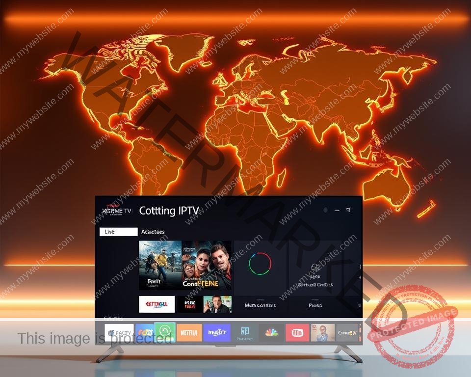 A modern, high-definition IPTV service showcasing its cutting-edge features. In the foreground, a sleek, minimalist interface displays a grid of popular live TV channels, on-demand content, and smart home integrations. The middle ground features intuitive menu navigation, parental controls, and customizable user profiles. In the background, a world map emphasizes the global reach and extensive channel lineup of the Xtreme HD IPTV service, illuminated by a warm, cinematic lighting that conveys a sense of premium quality and technological sophistication.