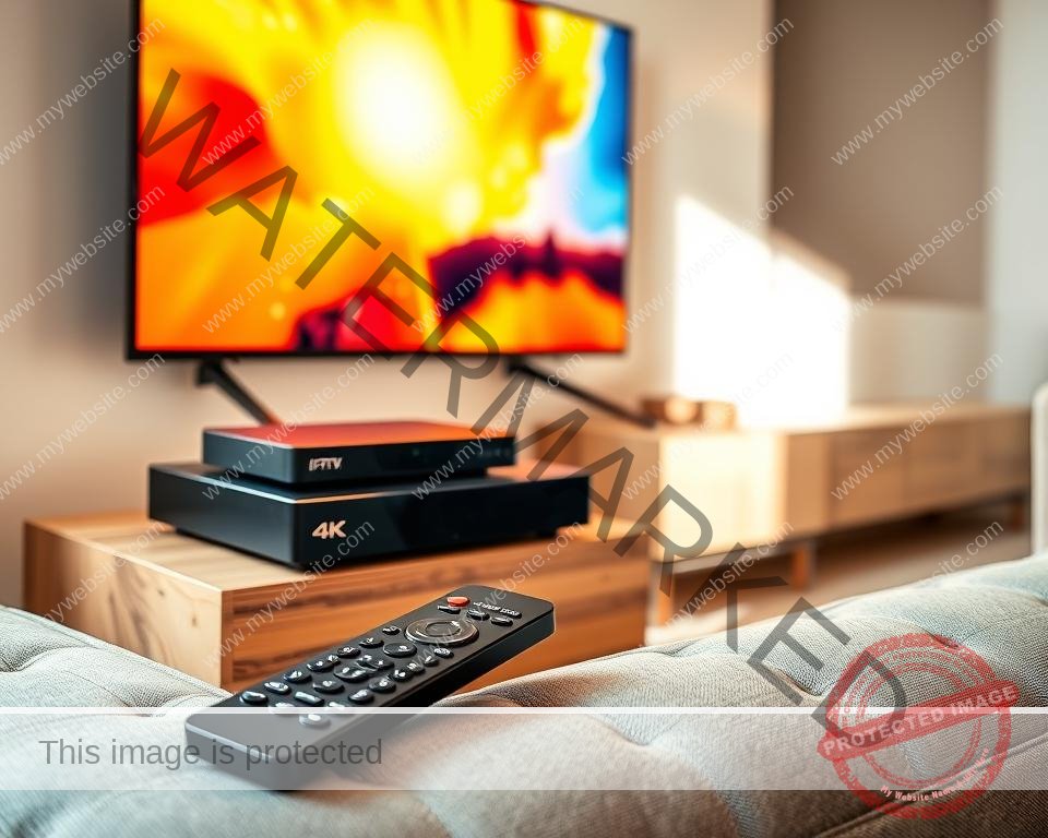 A modern, high-quality IPTV setup, featuring a sleek, black set-top box resting on a minimalist wooden entertainment unit. The box is connected to a large, vibrant 4K television, displaying a vivid, high-definition image. The living room is bathed in warm, natural lighting from a large window, creating a cozy, inviting atmosphere. In the foreground, a sophisticated remote control lies on a plush, grey sofa, ready for easy navigation of the IPTV interface. The overall scene conveys a sense of technological sophistication, seamless integration, and a premium home entertainment experience.