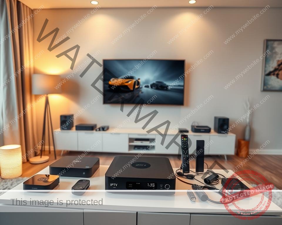 A modern home entertainment setup featuring a sleek IPTV box prominently displayed on a minimalist TV stand. The box is surrounded by a variety of streaming devices, remote controls, and neatly organized cables, conveying a sense of technological integration and control. The room is bathed in warm, diffused lighting from floor lamps and recessed ceiling fixtures, creating a cozy, inviting atmosphere. The walls feature minimalist decor, such as abstract art or a mounted TV, emphasizing the focal point of the IPTV setup. The overall composition suggests a well-designed, user-friendly system that seamlessly blends into a contemporary living space.