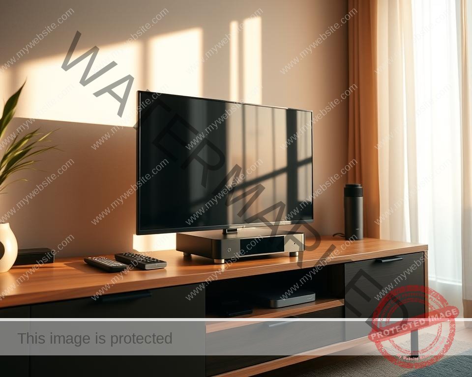 A modern home entertainment setup with a sleek IPTV hardware device prominently displayed on a minimalist wooden TV stand. The device has a clean, contemporary design with smooth lines and a matte finish. It is surrounded by a few neatly organized accessories like remote controls and cables. The room is bathed in warm, natural lighting that casts soft shadows, creating a cozy and inviting atmosphere. The overall scene conveys a sense of simplicity, practicality, and technological sophistication, perfectly suited for an article on IPTV requirements.