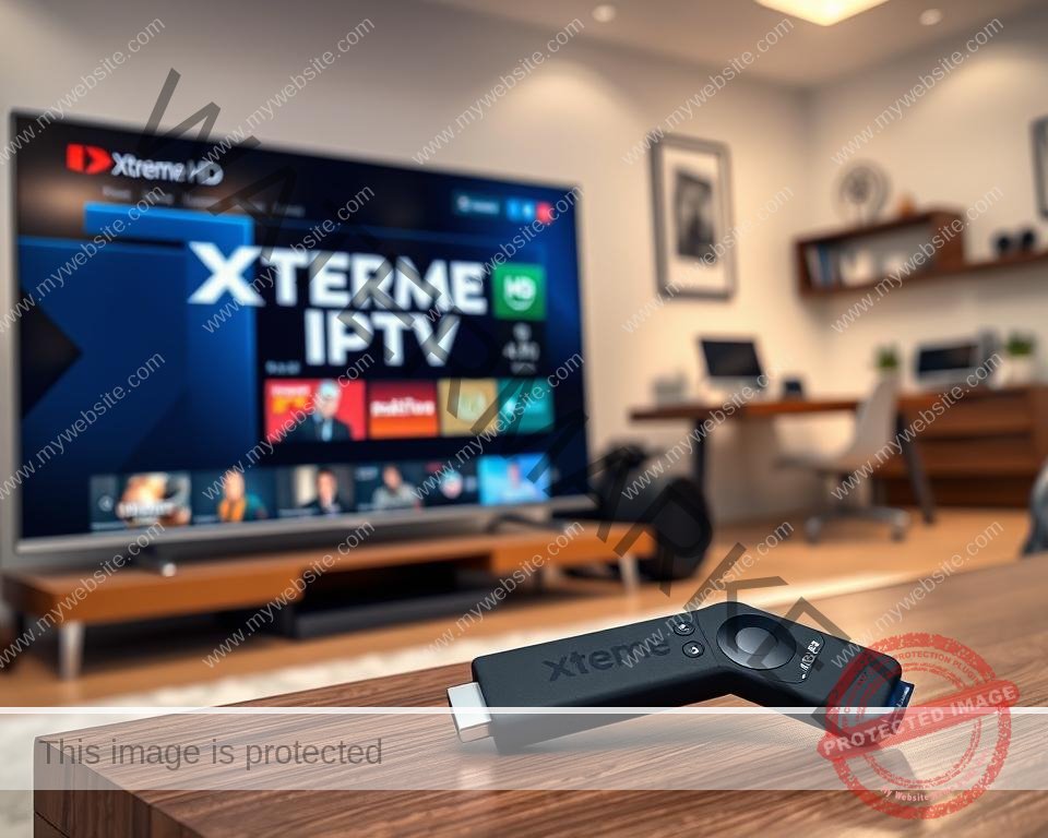 A modern home entertainment setup with a sleek, high-tech IPTV system. In the foreground, a modern streaming device like a Roku or Fire TV Stick is connected to a large, 4K HDR television. The device's interface displays the Xtreme HD IPTV logo and menu. In the middle ground, a Wi-Fi router and modem provide a fast, stable internet connection. In the background, a home office or media room setting with minimalist decor and ambient lighting creates a cozy, immersive atmosphere for the user to enjoy premium IPTV content. The overall scene conveys a sense of seamless, high-quality home entertainment.