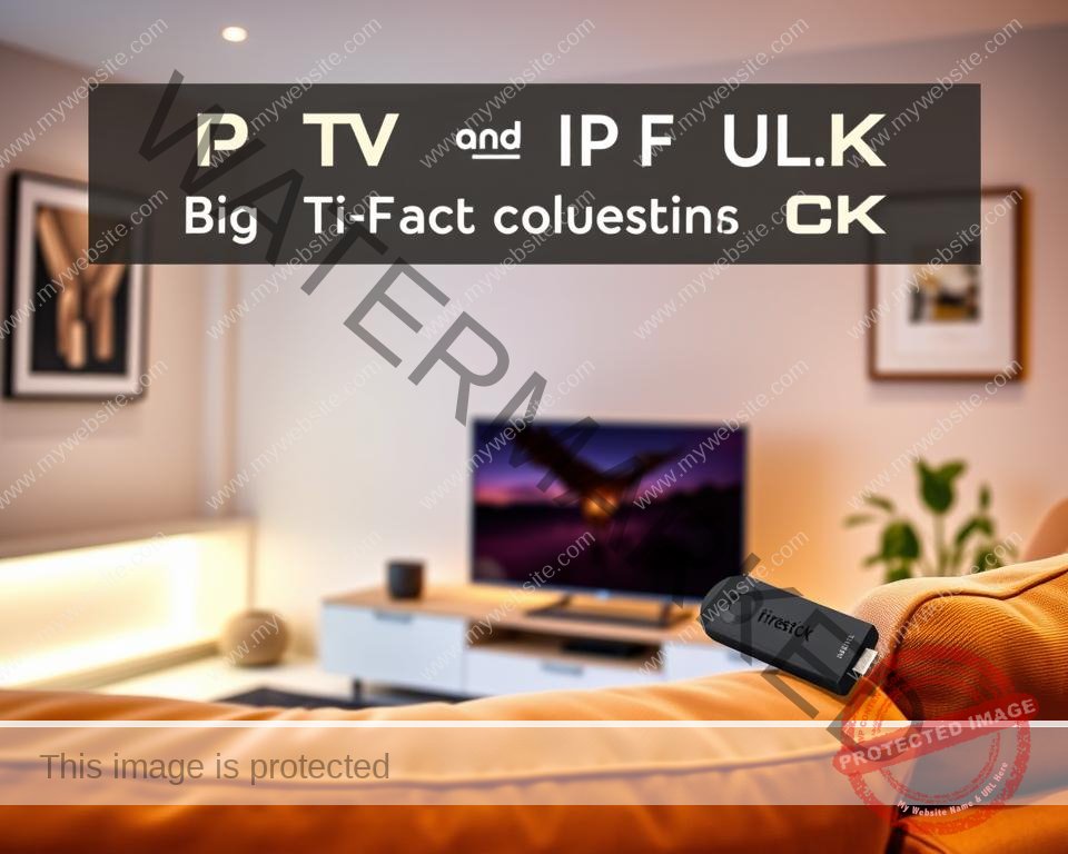 A modern living room with a cozy atmosphere, a Firestick device prominently displayed on a sleek entertainment center. The room is illuminated by warm, soft lighting, creating a comfortable and inviting ambiance. The walls are adorned with minimalist artwork, and a plush sofa sits in the foreground, suggesting a space for relaxation and media consumption. The Firestick, the focal point of the image, symbolizes the accessibility and convenience of IPTV services in the UK, catering to the needs of modern households.