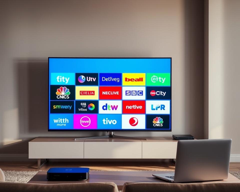 A modern living room with a large flatscreen TV displaying various UK TV channel logos in bright, vibrant colors. The TV is positioned on a sleek, minimalist TV stand against a neutral-toned wall. Streaming devices such as a set-top box and a laptop are visible, creating a technical yet cozy atmosphere. Soft, directional lighting illuminates the scene, emphasizing the sharp, high-definition visuals on the screen. The overall impression is one of convenience, connectivity, and the ability to access UK television content from the comfort of one's own home. A modern living room with a large flatscreen TV displaying various UK TV channel logos in bright, vibrant colors. The TV is positioned on a sleek, minimalist TV stand against a neutral-toned wall. Streaming devices such as a set-top box and a laptop are visible, creating a technical yet cozy atmosphere. Soft, directional lighting illuminates the scene, emphasizing the sharp, high-definition visuals on the screen. The overall impression is one of convenience, connectivity, and the ability to access UK television content from the comfort of one's own home.