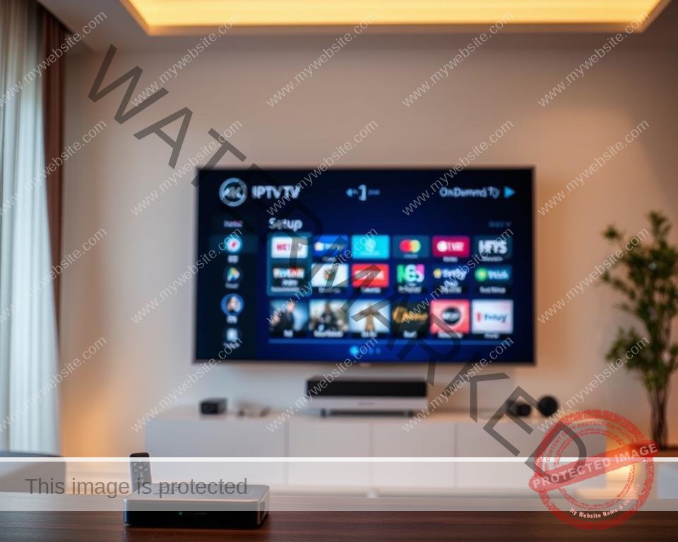 A modern living room with a sleek, 4K smart TV mounted on the wall. On the TV screen, the IPTV setup interface is displayed, showcasing a variety of channels and on-demand content. The room is illuminated by soft, warm lighting, creating a cozy and inviting atmosphere. In the foreground, a wireless remote control and a streaming device, such as a set-top box or HDMI dongle, are visible, ready to facilitate the IPTV experience. The overall scene depicts the ease and convenience of setting up an IPTV system on a smart TV, allowing the viewer to imagine the process of unlocking a free trial IPTV account in the UK.