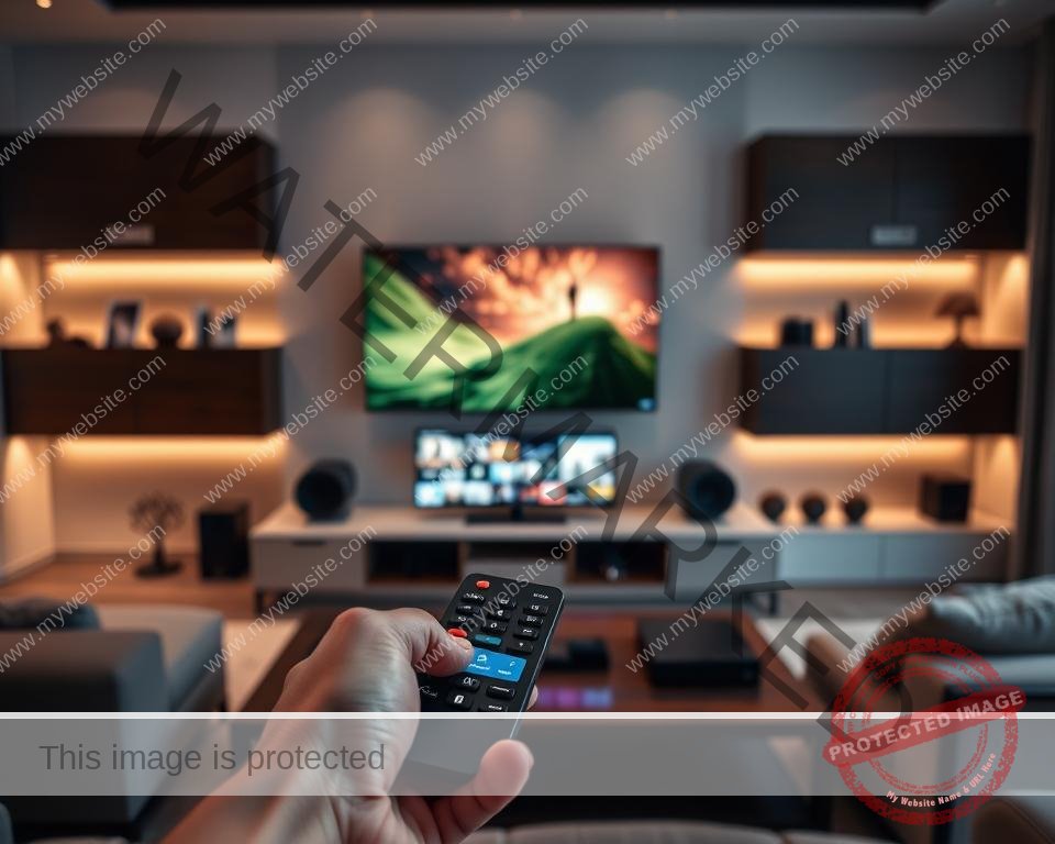 A modern living room with a sleek entertainment center showcasing a variety of smart devices connected to a high-quality IPTV service. In the foreground, a hand holding a remote control, symbolizing the convenience of multi-device accessibility. The middle ground features a large flatscreen TV displaying vibrant, high-definition content. In the background, subtle lighting and minimalist decor create a cozy, inviting atmosphere, highlighting the seamless integration of technology into the home environment. A modern living room with a sleek entertainment center showcasing a variety of smart devices connected to a high-quality IPTV service. In the foreground, a hand holding a remote control, symbolizing the convenience of multi-device accessibility. The middle ground features a large flatscreen TV displaying vibrant, high-definition content. In the background, subtle lighting and minimalist decor create a cozy, inviting atmosphere, highlighting the seamless integration of technology into the home environment.