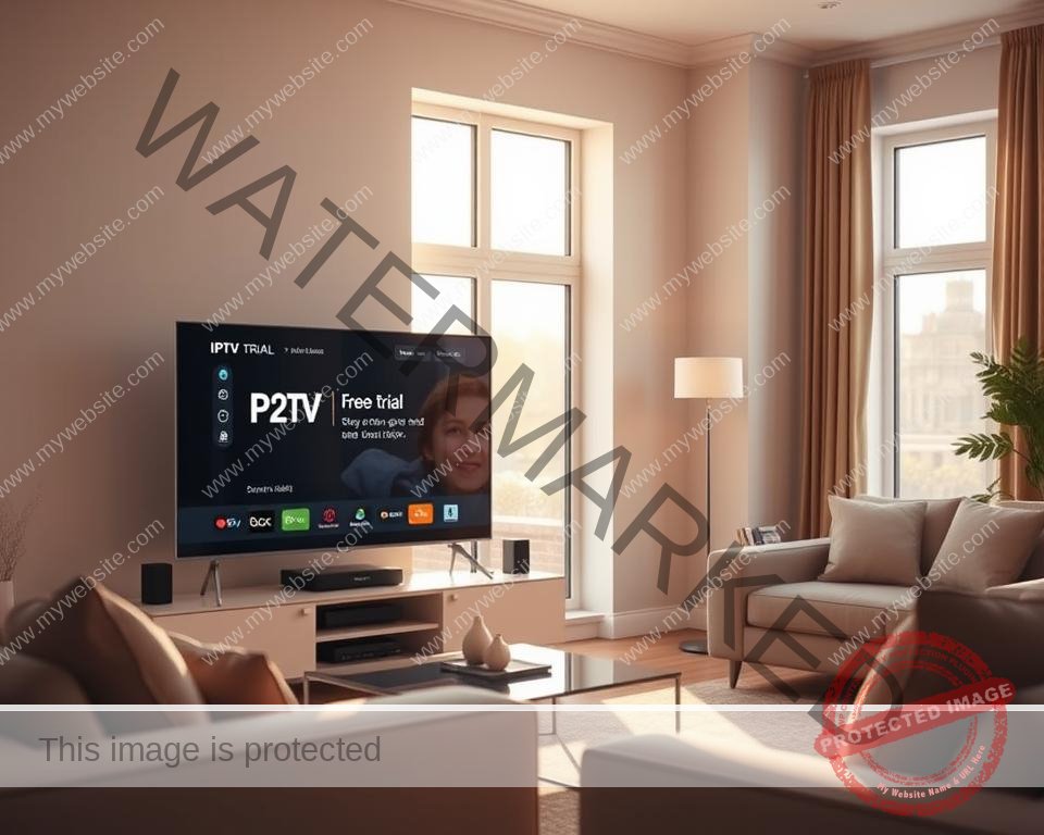 A modern living room with a sleek television set displaying an IPTV interface, showcasing a free trial offer for UK users. The space is well-lit, with warm, natural lighting filtering through large windows, casting a cozy glow on the scene. The TV is prominently placed, drawing the viewer's attention to the IPTV trial details. The room features minimalist decor, with clean lines and neutral tones, allowing the technology to take center stage. The overall atmosphere conveys a sense of accessibility and ease, highlighting the simplicity of unlocking IPTV content with a free trial in the UK.
