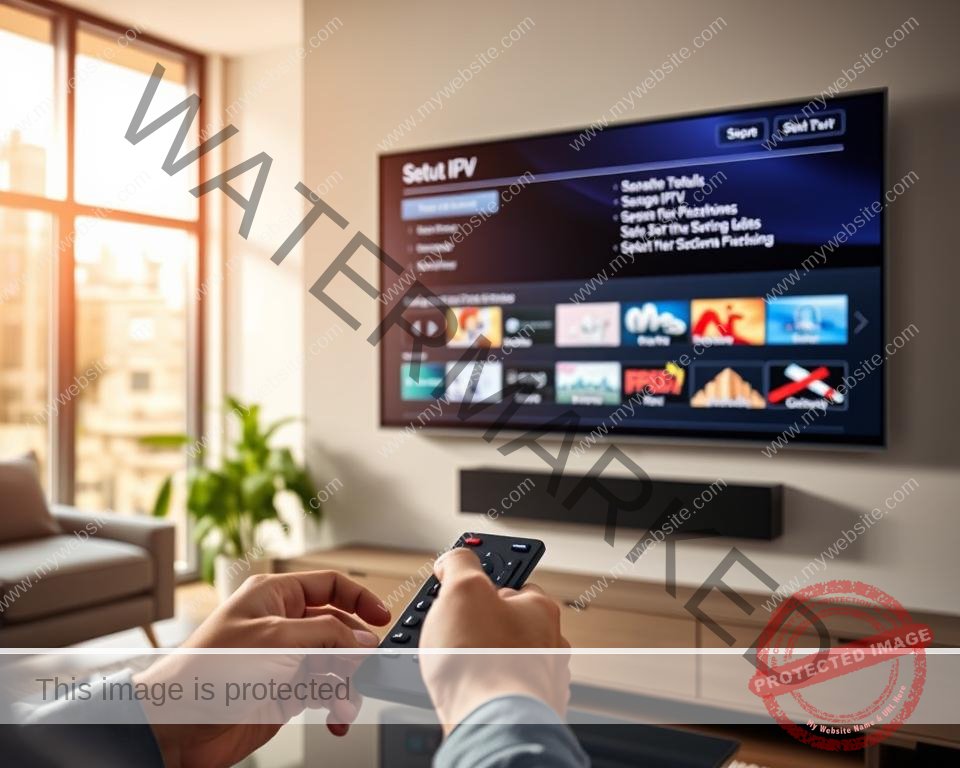A modern living room with a sleek, wall-mounted smart TV. The TV's screen displays the setup process for an IPTV service, with various menu options and settings visible. In the foreground, a person's hands are interacting with a remote control, navigating the IPTV installation on the TV. The room is well-lit, with natural light streaming in through large windows, creating a warm and inviting atmosphere. The overall scene conveys a sense of ease and simplicity in setting up an IPTV service on a smart TV.