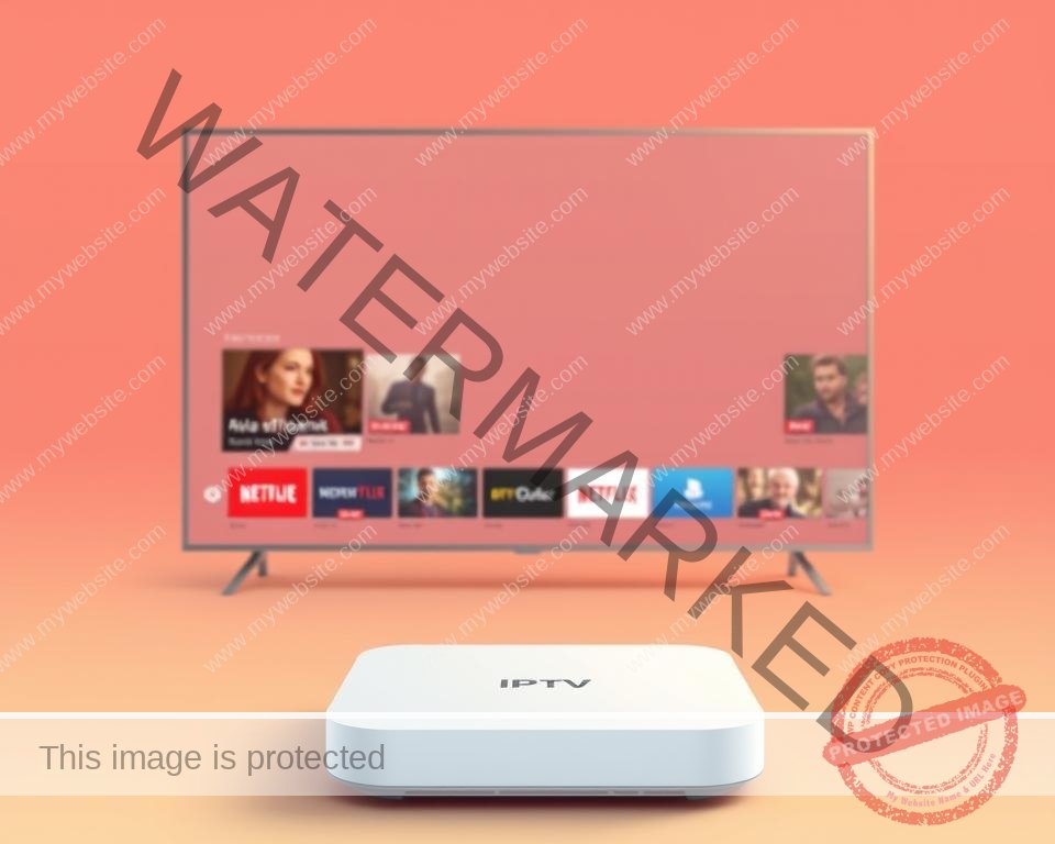 A modern, minimalist illustration of a UK IPTV service provider. In the foreground, a sleek and contemporary IPTV set-top box or streaming device, positioned prominently. The device features clean lines, a subtle branding, and a futuristic aesthetic. In the middle ground, a minimalist user interface showcasing a selection of popular live TV channels and on-demand content, hinting at the service's extensive library. The background is a soft, warm gradient, creating a sense of depth and a premium, high-tech ambiance. The overall composition conveys a professional, high-quality IPTV offering tailored for the UK market.