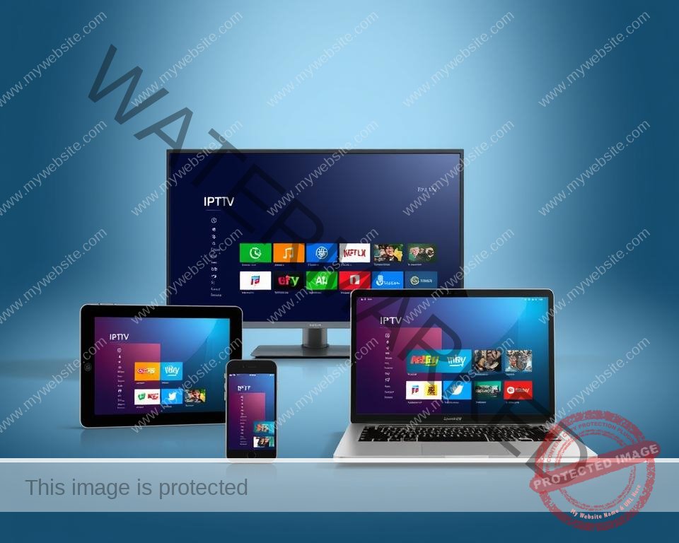 A modern, minimalist illustration showcasing a variety of devices compatible with a multi-device IPTV subscription service. The foreground features a sleek smart TV, tablet, smartphone, and laptop, each displaying a vibrant IPTV user interface. The devices are arranged in a dynamic, asymmetrical composition, creating a sense of interconnectivity. The background is a gradient of cool blues and grays, conveying a sophisticated, high-tech atmosphere. The lighting is soft and diffused, highlighting the devices' clean, contemporary design. The overall mood is one of versatility, accessibility, and the seamless integration of IPTV technology across multiple platforms. A modern, minimalist illustration showcasing a variety of devices compatible with a multi-device IPTV subscription service. The foreground features a sleek smart TV, tablet, smartphone, and laptop, each displaying a vibrant IPTV user interface. The devices are arranged in a dynamic, asymmetrical composition, creating a sense of interconnectivity. The background is a gradient of cool blues and grays, conveying a sophisticated, high-tech atmosphere. The lighting is soft and diffused, highlighting the devices' clean, contemporary design. The overall mood is one of versatility, accessibility, and the seamless integration of IPTV technology across multiple platforms.