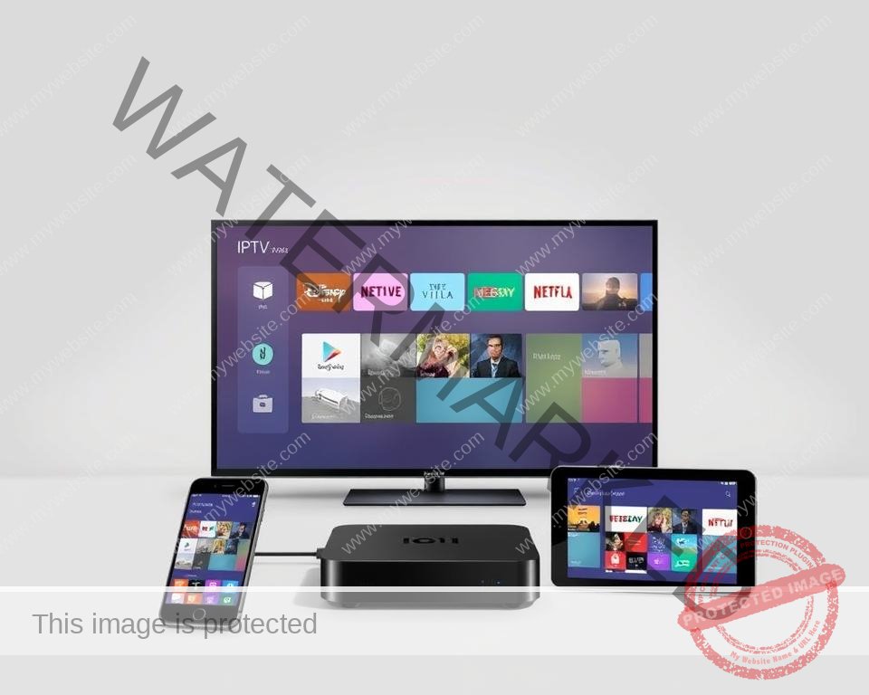 A modern, minimalist illustration showcasing various electronic devices seamlessly connected to an IPTV platform. In the foreground, a sleek smart TV, smartphone, and tablet are arranged, their screens displaying vibrant streaming interfaces. The middle ground features a compact IPTV set-top box, its simple yet elegant design complementing the devices. The background subtly depicts a clean, technologically-advanced setting, with muted greys and blues creating a sense of sophistication. Soft, directional lighting accentuates the devices, highlighting their compatibility and the seamless integration of the IPTV service across multiple screens.