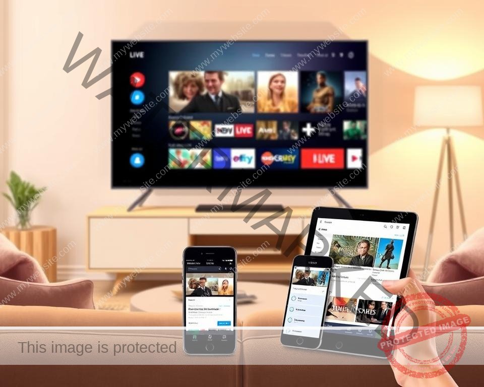 A modern, minimalist lifestyle illustration showcasing the key features of a free trial IPTV service in the UK. In the foreground, a sleek smart TV displaying a variety of live TV channels and on-demand content. In the middle ground, a smartphone and tablet showcasing the intuitive user interface and content selection. In the background, a warm, ambient living room setting with modern furniture and decor. Soft, natural lighting illuminates the scene, creating a cozy, inviting atmosphere. The overall composition emphasizes the convenience, accessibility, and entertainment value of the free IPTV trial, inviting the viewer to explore the service.
