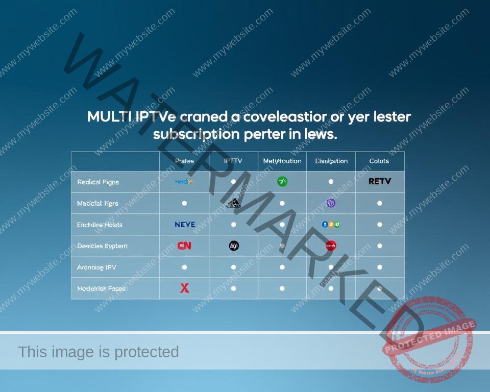 A modern, professional-looking comparison chart showcasing the leading multi-device IPTV subscription providers in the UK. The chart occupies the center of the frame, with a clean, minimalist design featuring crisp, high-quality icons and logos for each provider. The background is a soft, muted gradient in cool tones, creating a sense of sophistication. Subtle grid lines and subtle drop shadows enhance the depth and legibility of the chart. The overall aesthetic is sleek, informative, and visually appealing, suitable for inclusion in a high-quality business or technology publication. A modern, professional-looking comparison chart showcasing the leading multi-device IPTV subscription providers in the UK. The chart occupies the center of the frame, with a clean, minimalist design featuring crisp, high-quality icons and logos for each provider. The background is a soft, muted gradient in cool tones, creating a sense of sophistication. Subtle grid lines and subtle drop shadows enhance the depth and legibility of the chart. The overall aesthetic is sleek, informative, and visually appealing, suitable for inclusion in a high-quality business or technology publication.