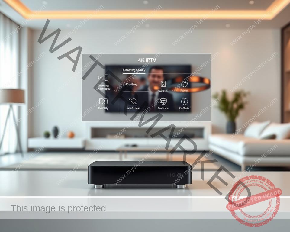 A modern, sleek 4K IPTV device sits prominently in the foreground, its crisp display showcasing the latest UK IPTV technology. In the middle ground, a visualization of streaming channels, streaming quality settings, and smart home integrations float against a backdrop of a minimalist living room, bathed in warm, soft lighting. The scene conveys the future of home entertainment, where cutting-edge 4K IPTV seamlessly blends with a sophisticated, modern aesthetic.