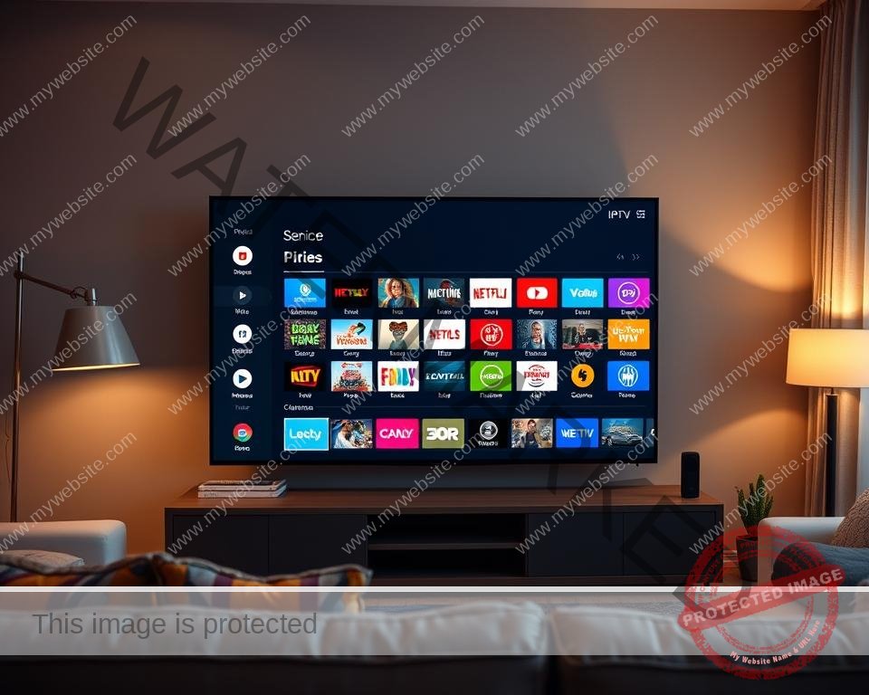 A modern, sleek IPTV channel selection interface on a large flatscreen TV in a cozy living room. The TV's display shows a grid of colorful channel icons against a dark background, with a minimalist on-screen menu system. Soft, warm lighting from floor lamps and table lamps creates a comfortable atmosphere. The living room features modern, neutral-toned furnishings and decor, hinting at the benefits of having a robust IPTV service in the UK.