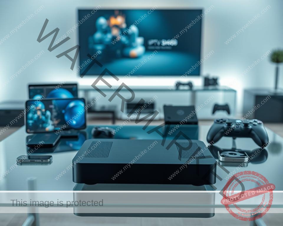 A modern, sleek IPTV device resting on a minimalist glass table, showcasing its compatibility with various electronics. The device is surrounded by a range of connected devices such as smartphones, tablets, smart TVs, and gaming consoles, all bathed in a soft, diffused lighting that creates a harmonious, technology-driven atmosphere. The composition emphasizes the versatility and adaptability of the IPTV solution, inviting the viewer to imagine the seamless integration of their entertainment ecosystem.