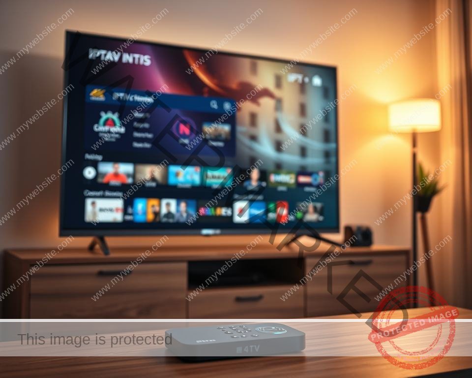 A modern, sleek IPTV service displayed on a 4K resolution smart TV screen, showcasing a wide variety of live TV channels, on-demand content, and user-friendly interface. The scene is bathed in warm, soft lighting, creating a cozy, inviting atmosphere. The TV is placed on a minimalist, wood-tone entertainment unit, with subtle ambient lighting accentuating the device. In the foreground, a wireless remote control and a streaming device, such as a set-top box or dongle, are neatly arranged, suggesting the seamless integration of the IPTV service. The overall composition conveys a sense of premium quality, reliability, and a superior home entertainment experience.