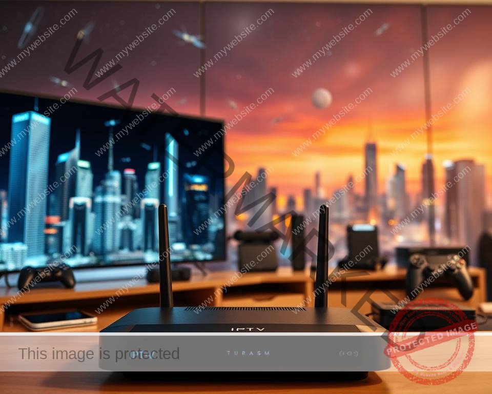 A modern, sleek IPTV setup with a smart TV, a streaming device, and a wireless router in the foreground. In the middle ground, various IPTV-enabled devices like smartphones, tablets, and gaming consoles. The background features a futuristic cityscape with skyscrapers, satellites, and a vibrant, neon-lit skyline, conveying the innovative, high-tech nature of IPTV technology. Soft, warm lighting illuminates the scene, creating a cozy, inviting atmosphere. Cinematic camera angle, emphasizing the integration and seamlessness of IPTV across multiple devices and platforms.