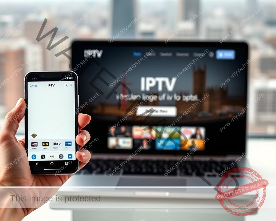 A modern, sleek UI for a UK IPTV subscription service. In the foreground, a hand holding a smartphone with the IPTV app open, showcasing a clean, intuitive interface with live TV channels and on-demand content. In the middle ground, a laptop or tablet displaying the IPTV website, with a prominent "Subscribe Now" button. The background features a blurred cityscape, hinting at the global reach and accessibility of the IPTV service. Lighting is soft and natural, creating a sense of professionalism and trustworthiness. The overall tone is one of efficiency, simplicity, and the promise of instant access to UK television.