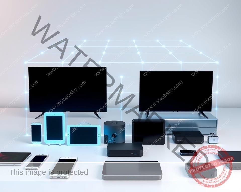 A modern, sleek device compatibility grid showcasing various electronic gadgets seamlessly connected. In the foreground, a minimalist arrangement of smartphones, tablets, smart TVs, and streaming devices in a harmonious layout, each with subtle glowing outlines to highlight their interconnectivity. The middle ground features a transparent, holographic-like grid structure, with crisp lines and nodes pulsing with digital energy, conveying the concept of cross-platform compatibility. The background is a soft, gradient-based environment, evoking a sense of technological sophistication and effortless integration, creating an immersive and visually compelling representation of device compatibility.