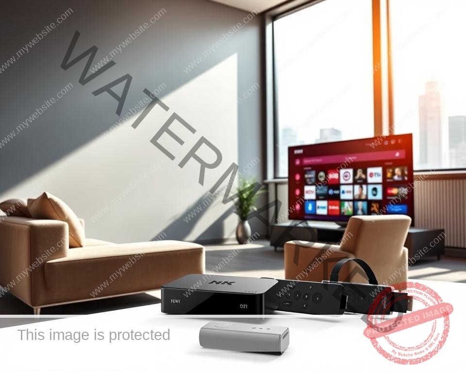 A modern, sleek living room with a large television screen prominently displayed. The room is brightly lit by natural light streaming through large windows, creating a warm and inviting atmosphere. In the foreground, a cozy sofa and armchair are arranged facing the television, suggesting a comfortable viewing experience. The middle ground features various streaming devices, such as a smart TV, set-top box, or streaming stick, showcasing the latest technology for accessing UK TV channels. The background includes subtle hints of a contemporary urban setting, perhaps a city skyline visible through the windows, reinforcing the idea of a versatile, on-the-go streaming solution. A modern, sleek living room with a large television screen prominently displayed. The room is brightly lit by natural light streaming through large windows, creating a warm and inviting atmosphere. In the foreground, a cozy sofa and armchair are arranged facing the television, suggesting a comfortable viewing experience. The middle ground features various streaming devices, such as a smart TV, set-top box, or streaming stick, showcasing the latest technology for accessing UK TV channels. The background includes subtle hints of a contemporary urban setting, perhaps a city skyline visible through the windows, reinforcing the idea of a versatile, on-the-go streaming solution.