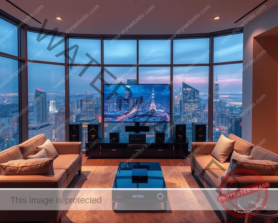 A modern, sleek living room with floor-to-ceiling windows overlooking a vibrant city skyline. Soft, diffused lighting creates a warm, inviting atmosphere. In the center, a high-end entertainment system with a large 4K television, cutting-edge streaming devices, and a state-of-the-art sound system. The room is furnished with plush, contemporary sofas and armchairs, creating a cozy space for immersive streaming experiences. Subtle hints of technology, such as glowing indicator lights and touchscreen controls, convey the advanced capabilities of the setup. The overall scene embodies the concept of "streaming access" - a seamless, high-quality, and technologically-advanced way to unlock endless entertainment.