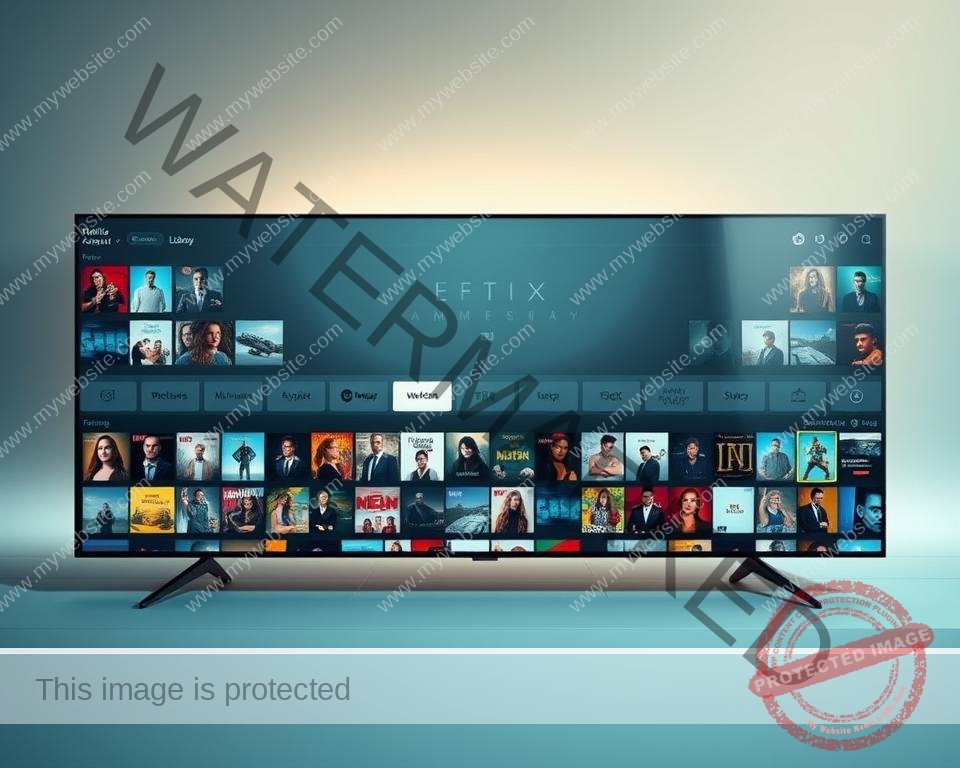 A modern, sleek streaming platform interface showcasing a vast content library. In the foreground, various movie and TV show thumbnails dynamically scroll across the screen, highlighting the breadth of available titles. The middle ground features a clean, minimalist design with subtle branding elements and intuitive navigation menus. The background has a soft, diffused lighting creating a warm, inviting atmosphere, complemented by a muted color palette of blues and grays. The overall composition conveys a sense of endless entertainment and a seamless streaming experience.