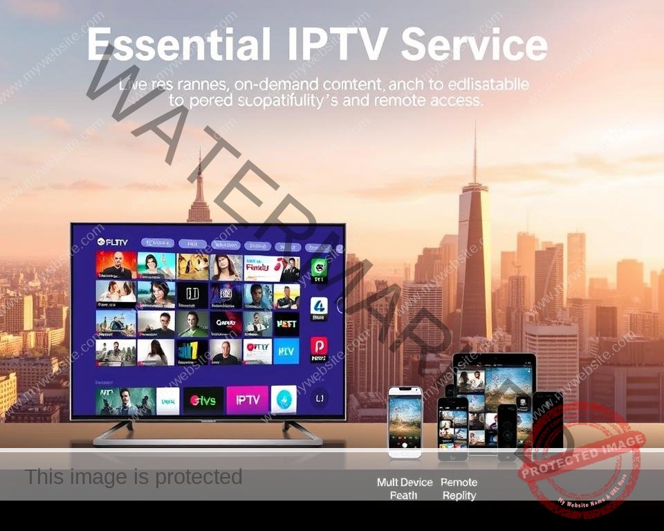 A modern, visually striking illustration of essential IPTV service features. In the foreground, a sleek smart TV displaying a diverse range of live channels, on-demand content, and customizable user interface. In the middle ground, various mobile devices showcasing seamless multi-device compatibility and remote access capabilities. The background features a cityscape skyline, symbolizing the global reach and accessibility of the IPTV service. The scene is illuminated by warm, natural lighting, conveying a sense of reliability and professionalism. The overall composition emphasizes the comprehensive, user-friendly nature of a high-quality IPTV solution. A modern, visually striking illustration of essential IPTV service features. In the foreground, a sleek smart TV displaying a diverse range of live channels, on-demand content, and customizable user interface. In the middle ground, various mobile devices showcasing seamless multi-device compatibility and remote access capabilities. The background features a cityscape skyline, symbolizing the global reach and accessibility of the IPTV service. The scene is illuminated by warm, natural lighting, conveying a sense of reliability and professionalism. The overall composition emphasizes the comprehensive, user-friendly nature of a high-quality IPTV solution.