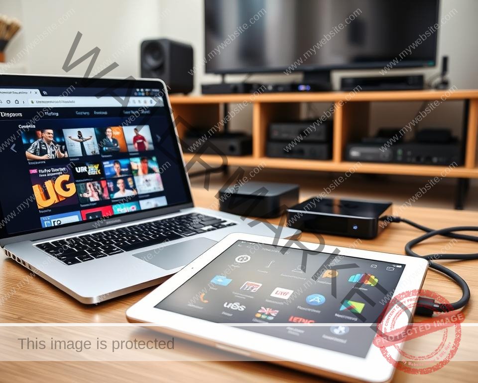 A modern, well-lit home office setup with a laptop, tablet, and various streaming devices prominently displayed. The laptop is open, showing a web browser interface with UK TV channels available for streaming. The tablet is in the foreground, showcasing an intuitive app interface for seamlessly accessing UK content. In the background, a sleek media center with multiple streaming boxes and a high-quality HDMI cable snaking through, all neatly organized. The overall atmosphere is one of technological sophistication and the convenience of enjoying UK television from the comfort of one's own home office. A modern, well-lit home office setup with a laptop, tablet, and various streaming devices prominently displayed. The laptop is open, showing a web browser interface with UK TV channels available for streaming. The tablet is in the foreground, showcasing an intuitive app interface for seamlessly accessing UK content. In the background, a sleek media center with multiple streaming boxes and a high-quality HDMI cable snaking through, all neatly organized. The overall atmosphere is one of technological sophistication and the convenience of enjoying UK television from the comfort of one's own home office.
