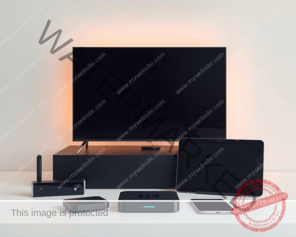 A neatly arranged display of various IPTV compatible devices, including a smart TV, streaming box, tablet, and mobile phone, all showcased in a clean, minimalist setting. The devices are lit by soft, warm lighting, highlighting their sleek designs and modern aesthetics. The background is a plain, neutral color, allowing the products to take center stage. The overall composition conveys a sense of simplicity, functionality, and technological sophistication, reflecting the versatility and accessibility of IPTV solutions.
