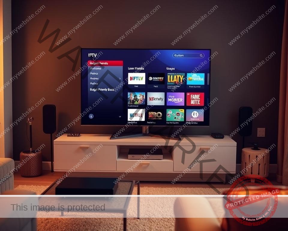 A neatly organized living room with a sleek, modern TV stand displaying an IPTV device. The room is bathed in warm, ambient lighting, creating a cozy atmosphere. On the screen, a simple, user-friendly interface showcases various IPTV channels and packages, highlighting the "Budget-Friendly Basic" option. The overall scene conveys a sense of affordability and accessibility, reflecting the section's focus on a budget-friendly IPTV solution for UK viewers.