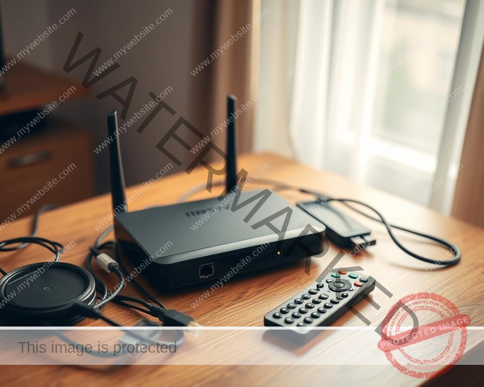 A neatly organized setup of IPTV equipment on a wooden table, including a router, modem, streaming device, remote control, and network cables. The scene is brightly lit with soft, diffused lighting from a window, casting warm tones and creating natural shadows. The equipment is arranged in a visually appealing manner, showcasing its various components and connections. The overall atmosphere is one of simplicity, functionality, and ease of use, reflecting the straightforward nature of the IPTV setup process. A neatly organized setup of IPTV equipment on a wooden table, including a router, modem, streaming device, remote control, and network cables. The scene is brightly lit with soft, diffused lighting from a window, casting warm tones and creating natural shadows. The equipment is arranged in a visually appealing manner, showcasing its various components and connections. The overall atmosphere is one of simplicity, functionality, and ease of use, reflecting the straightforward nature of the IPTV setup process.