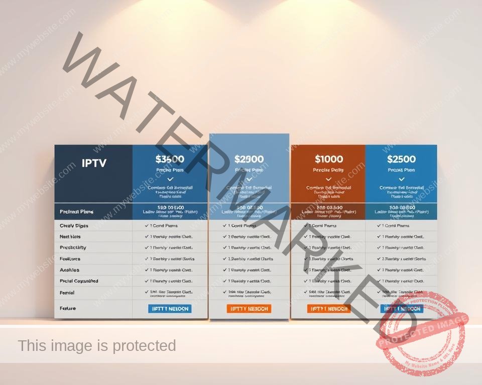 A neatly organized table depicting various IPTV subscription plans, showcased against a clean, minimalist background. The plans are presented with clear pricing details, device compatibility, channel selections, and feature highlights. The layout is professional and visually appealing, with subtle use of brand colors and icons to enhance the overall aesthetic. Soft lighting from above casts a warm, inviting glow, creating a premium, trustworthy impression. The entire composition conveys a sense of clarity, simplicity, and value, perfectly suited to illustrate the "Subscription Plans and Pricing Structure" section of the article. A neatly organized table depicting various IPTV subscription plans, showcased against a clean, minimalist background. The plans are presented with clear pricing details, device compatibility, channel selections, and feature highlights. The layout is professional and visually appealing, with subtle use of brand colors and icons to enhance the overall aesthetic. Soft lighting from above casts a warm, inviting glow, creating a premium, trustworthy impression. The entire composition conveys a sense of clarity, simplicity, and value, perfectly suited to illustrate the "Subscription Plans and Pricing Structure" section of the article.