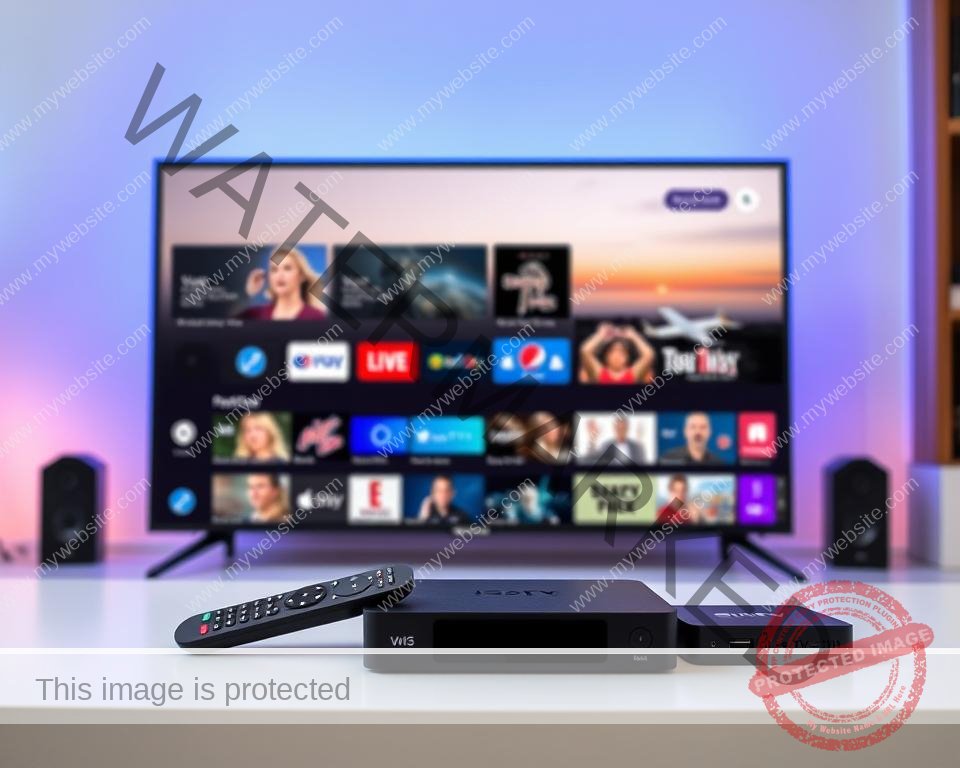 A premium IPTV service in the UK, showcasing a sleek and intuitive user interface. The foreground features a high-definition display with a variety of live TV channels and on-demand content, presented in a clean, modern layout. The middle ground depicts remote controls and compatible devices, such as smart TVs and streaming boxes, seamlessly integrated into the setup. The background subtly suggests the technological infrastructure behind the service, with subtle nods to cloud storage, secure server connections, and a vast content library. The overall atmosphere is one of convenience, reliability, and a premium entertainment experience tailored for the discerning UK viewer.