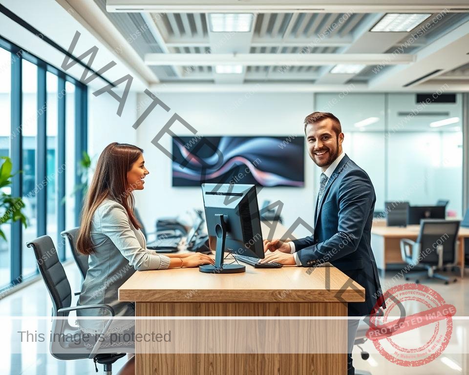 A professional, well-equipped customer service desk with a friendly and attentive customer service representative assisting a customer. The desk is situated in a bright, modern office space with large windows, sleek furniture, and high-tech equipment. The representative is dressed in a neat, professional attire and has a warm, welcoming expression, ready to address the customer's needs. The overall atmosphere conveys a sense of efficiency, reliability, and a commitment to providing exceptional customer support for the Xtreme HD IPTV service.