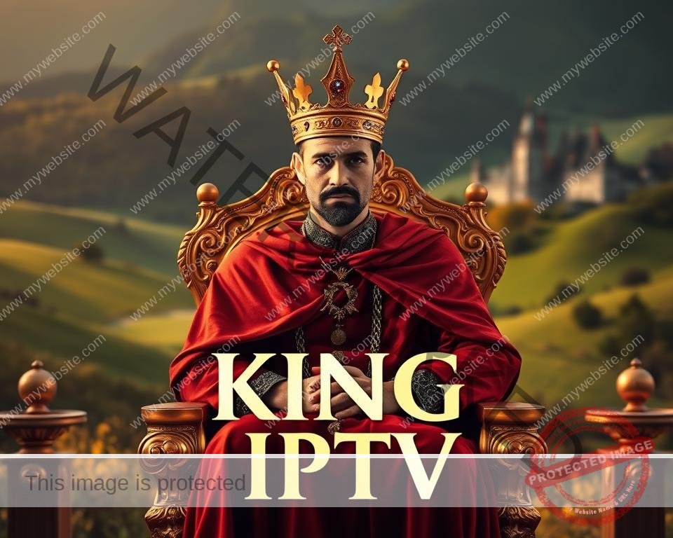 A regal figure sits upon a gilded throne, adorned in a crimson cloak and a crown of gleaming gold. The lighting is warm and inviting, casting a soft glow upon the scene. The background is a lush, verdant landscape, with rolling hills and a majestic castle in the distance. The subject's gaze is steady and authoritative, conveying a sense of power and command. The composition is balanced and symmetrical, with the throne positioned at the center of the frame. The overall mood is one of opulence and grandeur, reflecting the "King IPTV" brand and its promise of premium features at affordable rates.