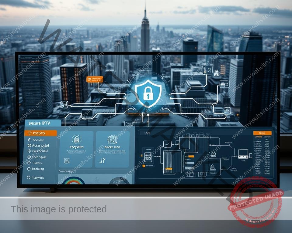 A secure IPTV service is represented by a sleek, modern dashboard interface showcasing various security features. The foreground displays an intuitive control panel with options for encryption, access control, and threat monitoring. The middle ground depicts a secure network infrastructure, with servers, firewalls, and encrypted data flows. The background features a cityscape, symbolizing the widespread connectivity and accessibility of the IPTV service, all protected by a robust security system. The lighting is soft and muted, conveying a sense of reliability and trustworthiness. The overall atmosphere is one of technical sophistication and unwavering data protection.