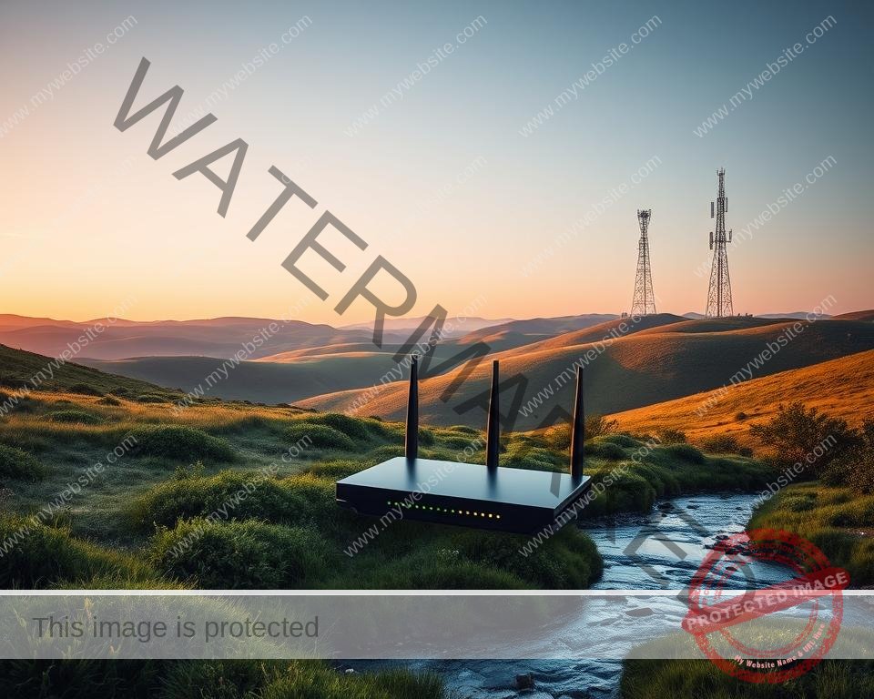 A serene landscape of rolling hills, bathed in a warm, soft glow of evening light. In the foreground, a crystal-clear stream winds its way through the lush, verdant vegetation, its waters reflecting the tranquil sky above. The middle ground features a sleek, modern modem or router, its status lights pulsing with a steady, rhythmic cadence, symbolizing the stable, reliable internet connection. In the distance, a towering cell tower stands tall, its antennas reaching skyward, ensuring a strong, uninterrupted signal. The overall scene conveys a sense of technical harmony, where nature and technology coexist in perfect synchronicity.