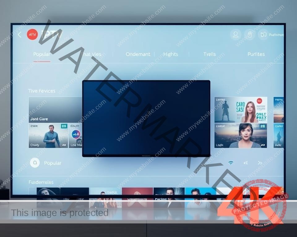 A sleek and intuitive IPTV user interface with a modern, minimalist design. The main screen features a clean grid layout showcasing popular live TV channels, on-demand content, and customizable favorites. The interface is presented in a soft, cool-toned color palette with subtle gradients and transparent elements, creating a sophisticated and immersive viewing experience. The layout is carefully balanced, with clear category sections and intuitive navigation controls. A large central video preview window dominates the foreground, surrounded by thumbnail previews and information panels. The background subtly blurs, keeping the focus on the content. Crisp 4K visuals, smooth animations, and a responsive, touch-friendly design make this IPTV interface a pleasure to use.