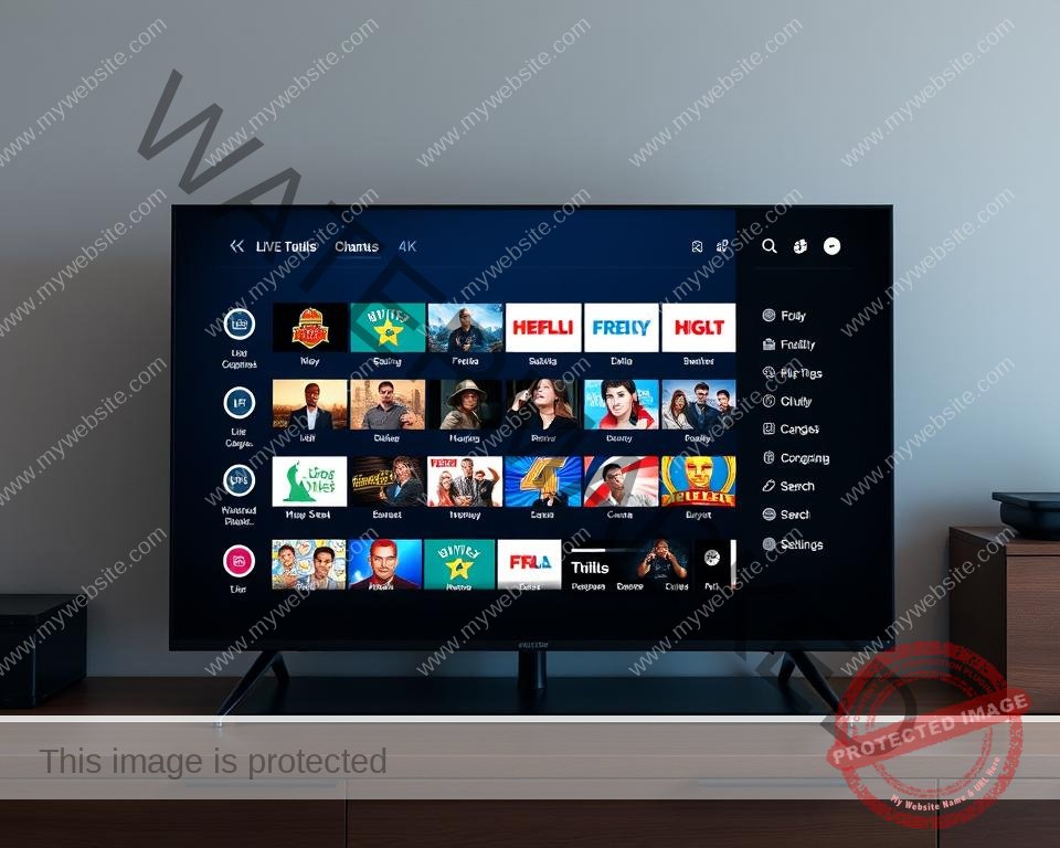 A sleek and intuitive IPTV user interface with a modern, minimalist design. The main screen displays a grid of thumbnails for various live TV channels and on-demand content, with clear category labels and intuitive navigation controls. In the foreground, a crisp 4K display showcases high-quality video playback, with a clean, unobtrusive control panel overlaying the content. The middle ground features a sidebar menu for accessing additional features, such as a program guide, search functionality, and user settings. The background is subtly blurred, creating a sense of depth and focus on the core interface elements. Soft, indirect lighting illuminates the scene, giving it a warm, inviting atmosphere suitable for a premium IPTV experience.