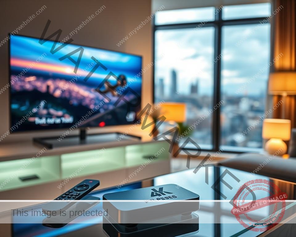 A sleek and modern 4K IPTV setup, with a high-end television displaying vibrant, ultra-high-definition content. In the foreground, a minimalist remote control and a compact streaming device sit atop a modern, glass-topped entertainment center. Soft, indirect lighting from tasteful lamps creates a warm, inviting atmosphere, while large windows in the background offer a glimpse of a picturesque urban skyline. The overall scene conveys the premium quality and advanced technology of the UK's top-tier IPTV services, ready to elevate the viewer's home entertainment experience.