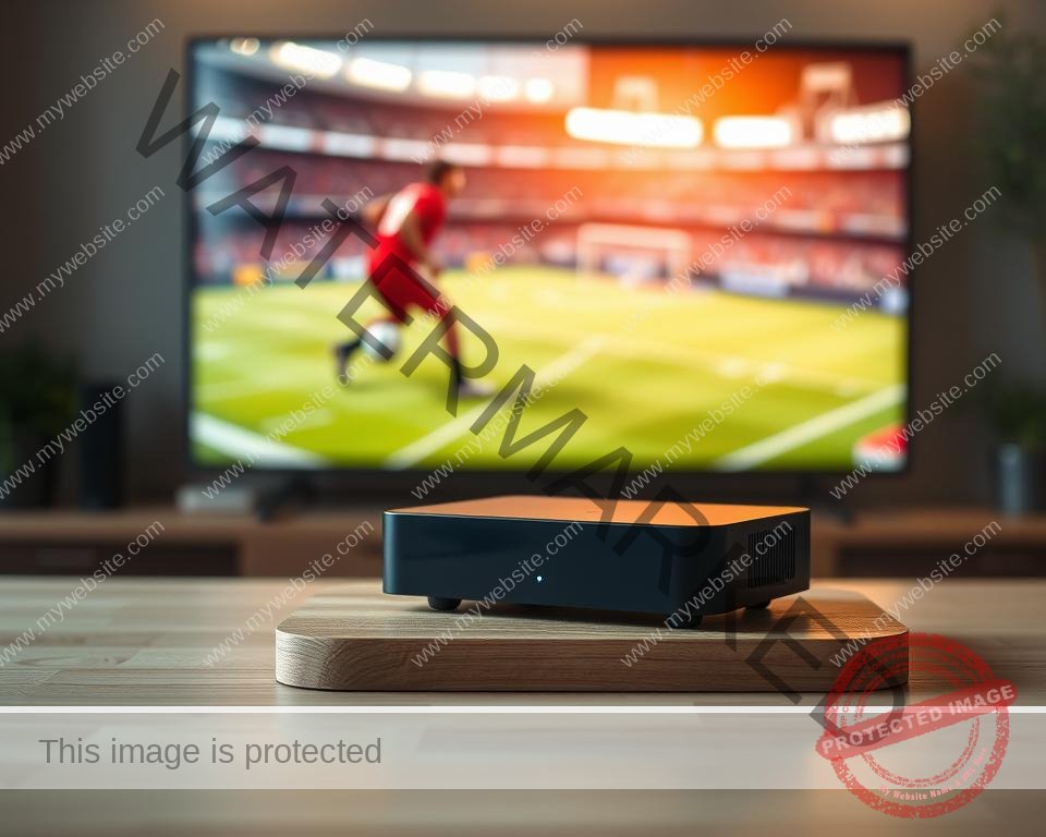 A sleek and modern IPTV device prominently displayed on a minimalist wood-grain table. Soft, warm lighting illuminates the device, showcasing its clean lines and premium design. In the background, a blurred image of a sports broadcast plays on a large, high-definition screen, hinting at the device's capabilities. The overall scene conveys a sense of sophistication and practicality, catering to the discerning sports enthusiast.