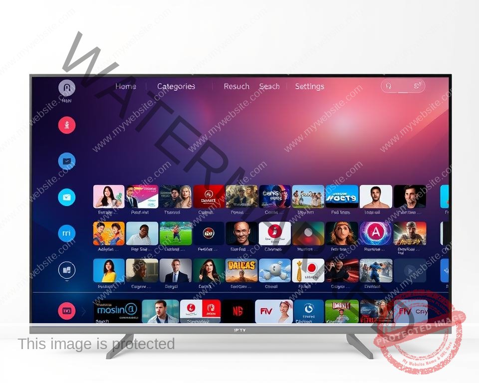 A sleek and modern IPTV user interface, featuring a clean and intuitive layout. The main screen displays a grid of channel thumbnails, with easy-to-navigate menus along the top for categories, search, and settings. Subtle lighting effects create a warm and inviting atmosphere, while the overall design is minimalist and uncluttered. The interface is responsive and optimized for use on a variety of devices, from large TV screens to mobile phones. The color scheme is a harmonious blend of cool grays and blues, with pops of vibrant accent colors to highlight key information. The user experience is seamless and efficient, allowing the viewer to quickly find and access their desired content. A sleek and modern IPTV user interface, featuring a clean and intuitive layout. The main screen displays a grid of channel thumbnails, with easy-to-navigate menus along the top for categories, search, and settings. Subtle lighting effects create a warm and inviting atmosphere, while the overall design is minimalist and uncluttered. The interface is responsive and optimized for use on a variety of devices, from large TV screens to mobile phones. The color scheme is a harmonious blend of cool grays and blues, with pops of vibrant accent colors to highlight key information. The user experience is seamless and efficient, allowing the viewer to quickly find and access their desired content.