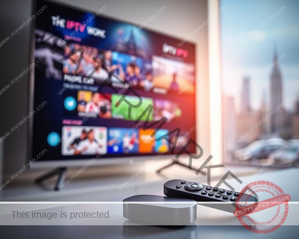 A sleek and modern TV displaying various sports channels and live events, illuminated by soft, directional lighting that highlights the vibrant colors of the user interface. In the foreground, a remote control and a streaming device, symbolizing the seamless integration of IPTV technology for sports enthusiasts in the UK. The background features a subtle, out-of-focus cityscape, conveying a sense of connectivity and the urban setting. The overall composition and color palette evoke a professional, high-quality, and user-friendly IPTV experience tailored for sports viewers in the United Kingdom.