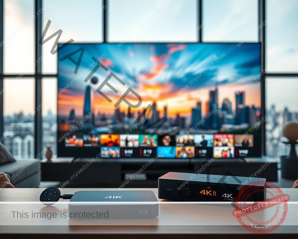 A sleek and modern home entertainment setup showcasing the benefits of UK IPTV 4K streaming. In the foreground, a state-of-the-art 4K television displays vibrant, high-resolution images with exceptional clarity and detail. Beside it, a high-end streaming device connects seamlessly, ready to deliver a vast library of content in stunning 4K quality. The middle ground features a comfortable living space, with plush furniture and soft lighting, creating a cozy and immersive viewing experience. In the background, a large window overlooks a picturesque urban skyline, suggesting the versatility and accessibility of UK IPTV 4K streaming for any home environment. The overall scene conveys the enhanced visual quality, content variety, and convenience of elevating one's home entertainment with UK IPTV 4K.